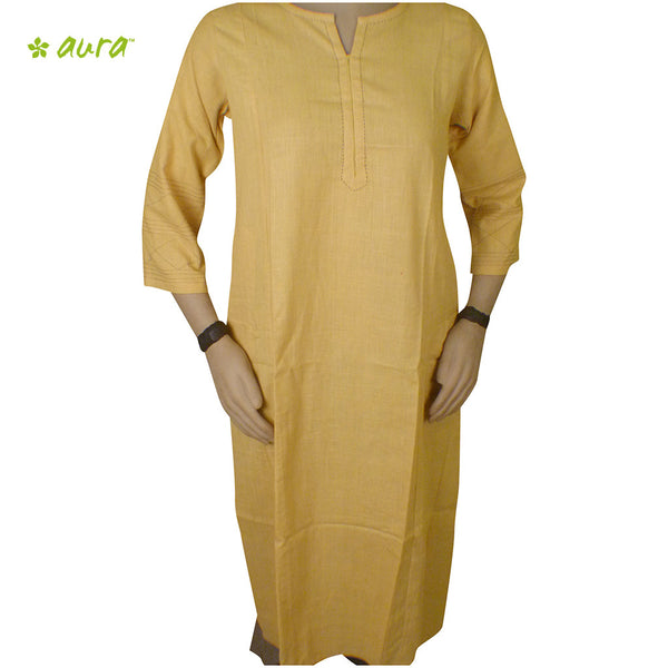 Organic herbal dyed women's long kurta 3/4 sleeve round cut neck khadi thread work