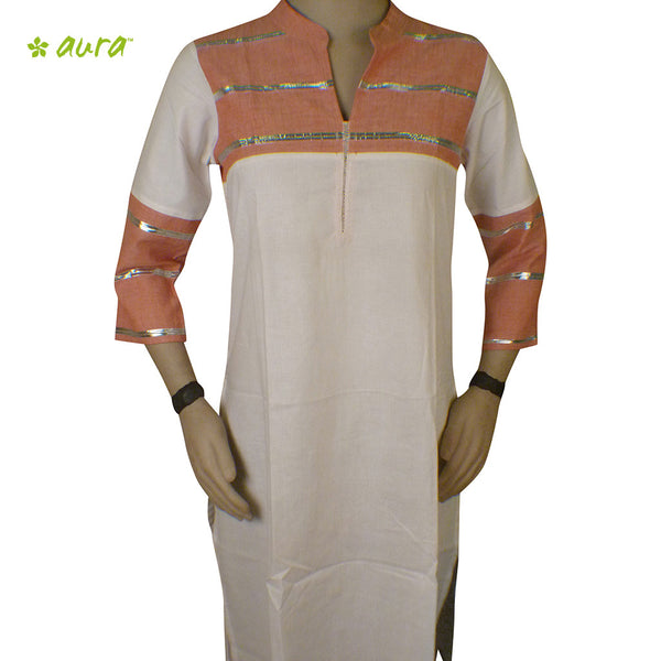 Organic herbal dyed women's long kurta 3/4 sleeve vrishchikam chinese collar silver lace