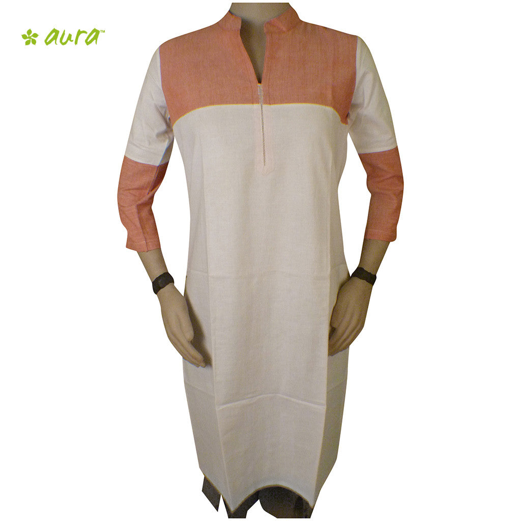 Organic herbal yarn dyed women's long kurta 3/4 sleeve vrishchikam chinese collar