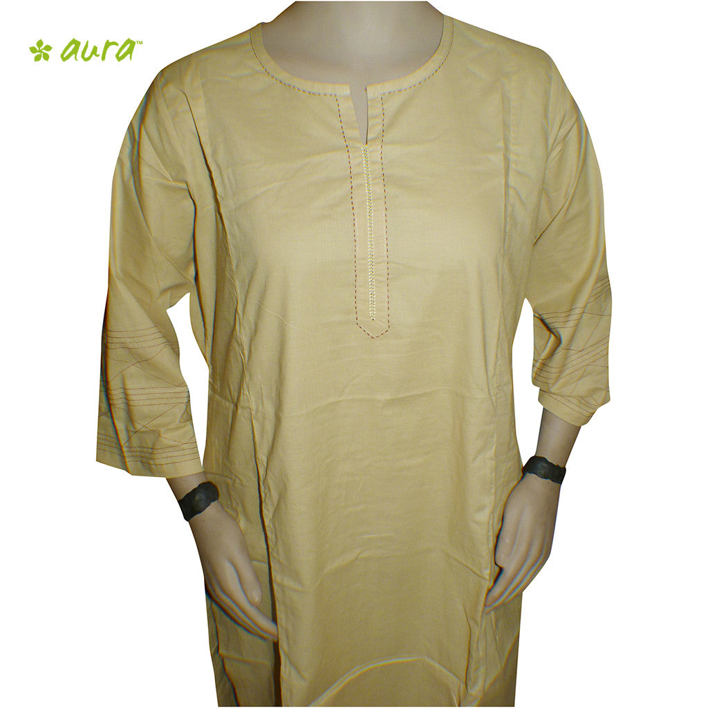 Organic herbal dyed women's long kurta peprika 3/4 sleeve round cut neck Cambric thread work