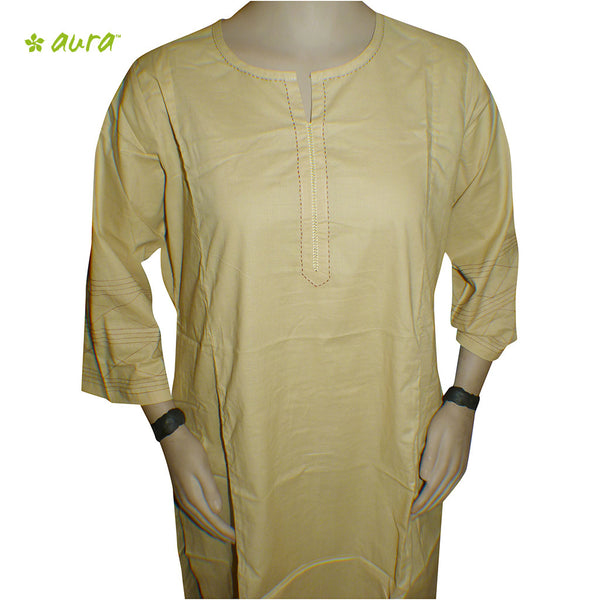 Organic herbal dyed women's long kurta peprika 3/4 sleeve round cut neck Cambric thread work