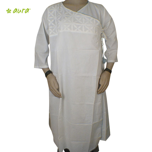 Organic herbal dyed women's long kurta 3/4 sleeve V neck Cambric Uranus applique