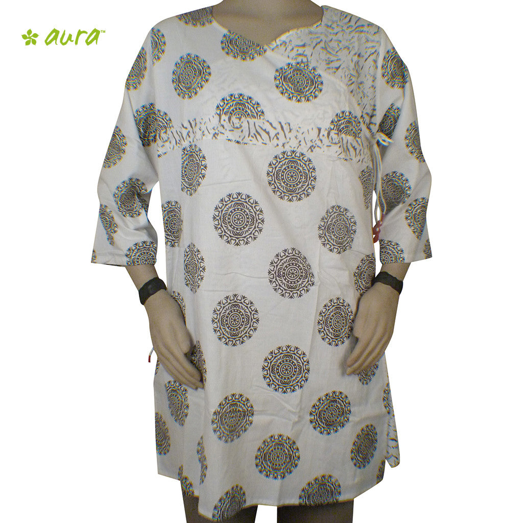 Organic herbal dyed women's long kurta 3/4 sleeve V neck Uranus Rangoli print, Cambric