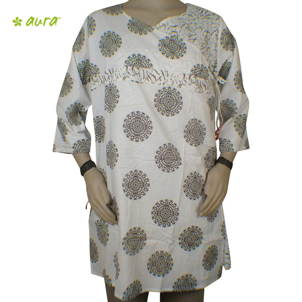 Organic herbal dyed women's long kurta 3/4 sleeve V neck Uranus Rangoli print, Cambric