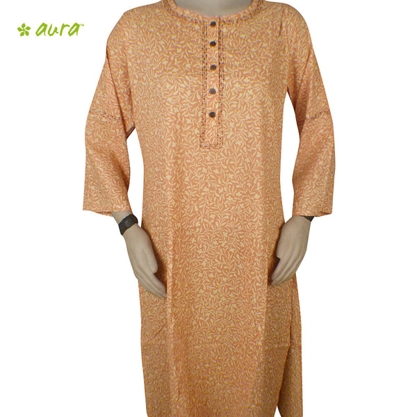 Organic herbal dyed women's long kurta 3/4 sleeve Round neck Buttons, Dhanu embroidery Cambric