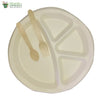 Set of 10 round 4 compartment plate+small wooden spoon+fork biodgrdble compstble tableware